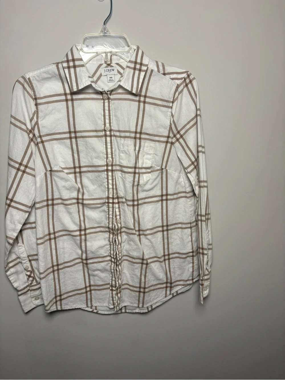 J. Crew White Shirt with Tan Windowpane Plaid